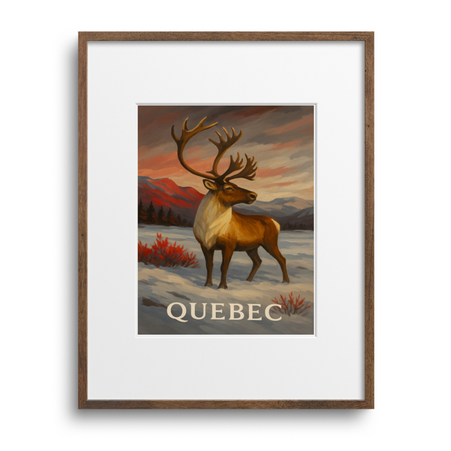 Framed artwork of a deer with 'Quebec' text on a white background
