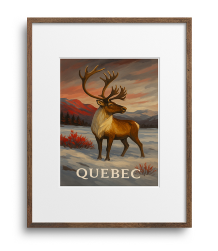 Framed artwork of a deer with 'Quebec' text on a white background