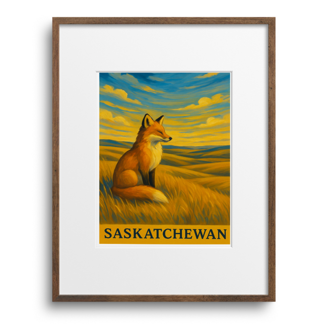 Framed artwork of a fox in a field with 'Saskatchewan' text on a white background