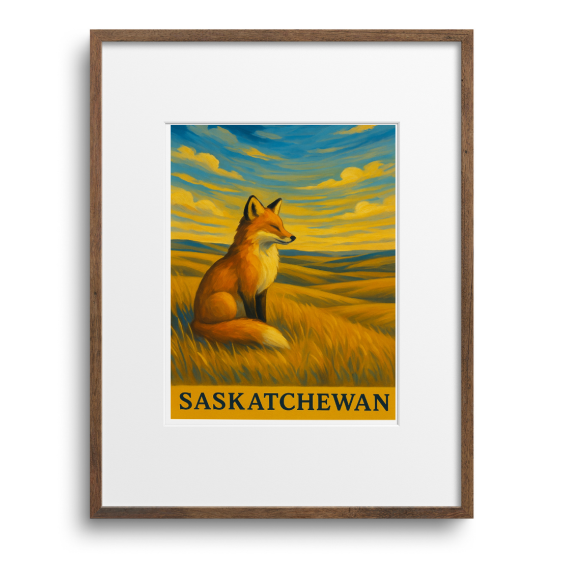 Framed artwork of a fox in a field with 'Saskatchewan' text on a white background