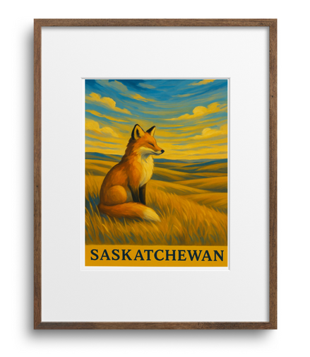 Framed artwork of a fox in a field with 'Saskatchewan' text on a white background