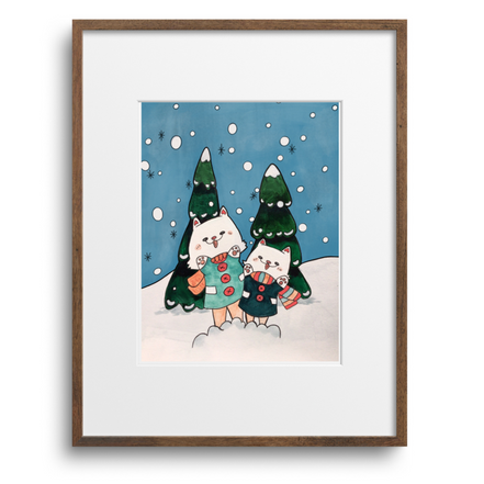 Framed artwork of two husky's in winter clothing with Christmas trees against a blue snowy background.