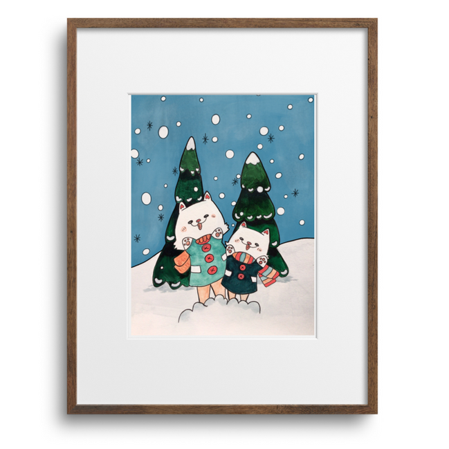 Framed artwork of two husky's in winter clothing with Christmas trees against a blue snowy background.