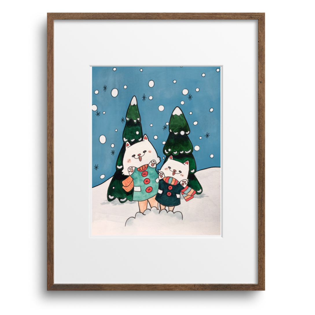 Framed artwork of two husky's in winter clothing with Christmas trees against a blue snowy background.