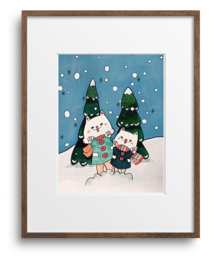 Framed artwork of two husky's in winter clothing with Christmas trees against a blue snowy background.