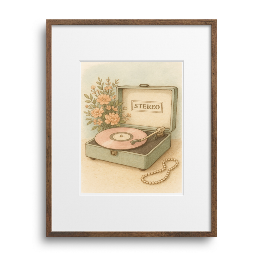 Framed artwork of a vintage record player with flowers on a white background