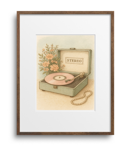 Framed artwork of a vintage record player with flowers on a white background