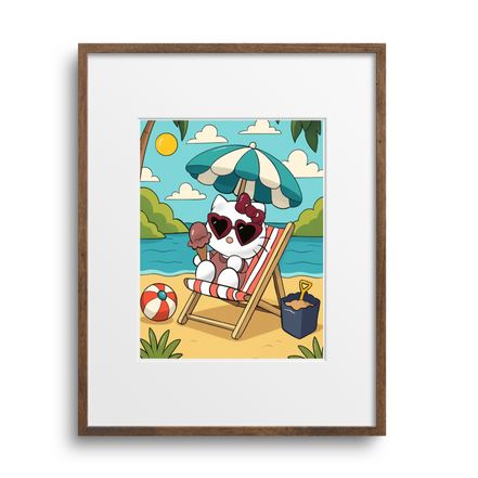 Framed artwork of kitty at the beach with sunglasses and a towel, on a white background.
