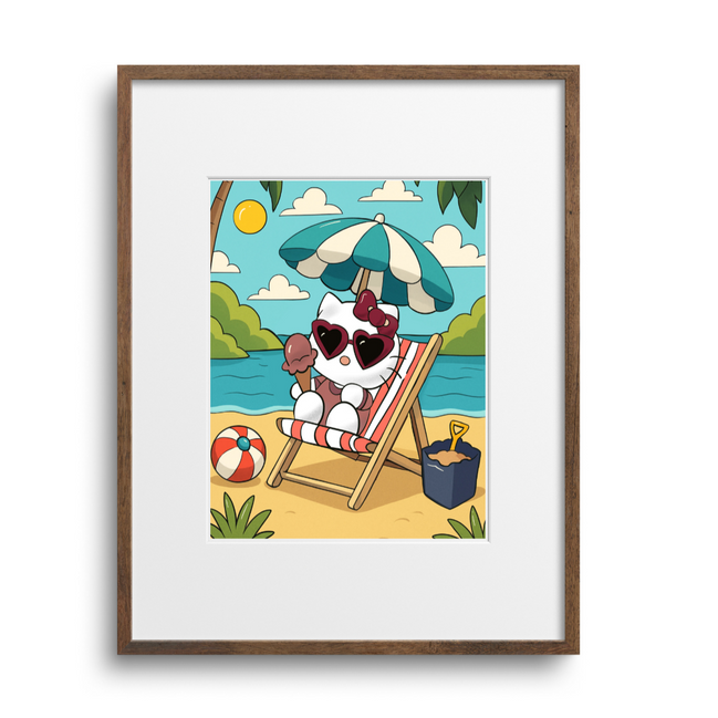 Framed artwork of kitty at the beach with sunglasses and a towel, on a white background.