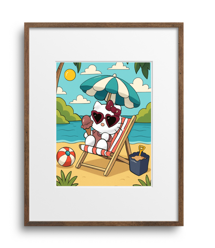 Framed artwork of kitty at the beach with sunglasses and a towel, on a white background.