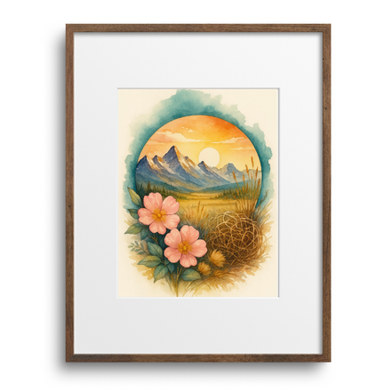Framed artwork of a mountain landscape with flowers on a white background