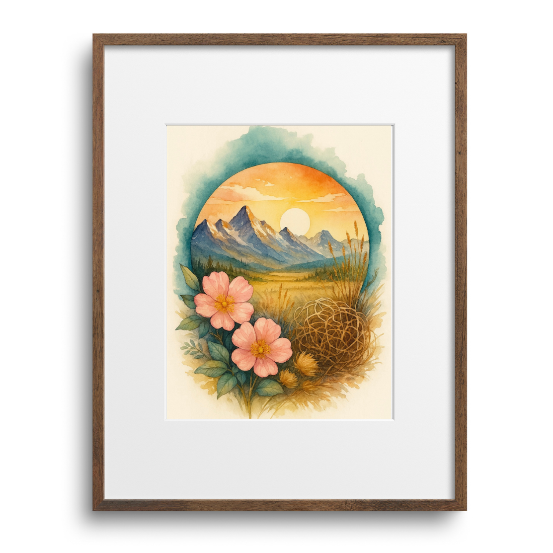 Framed artwork of a mountain landscape with flowers on a white background