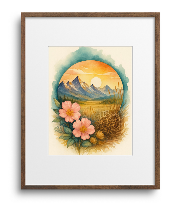 Framed artwork of a mountain landscape with flowers on a white background