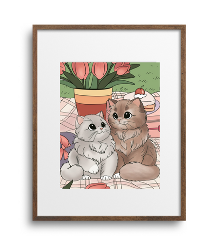 Framed artwork of two cats sitting together with flowers in the background on a white wall.