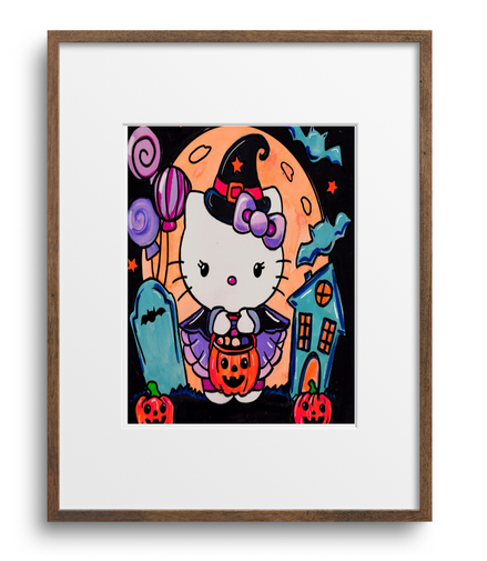 Framed artwork of a cartoon cat in a Halloween-themed setting on a white background