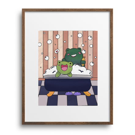 Framed artwork of two cartoon characters during bath time with bubbles on a striped background.
