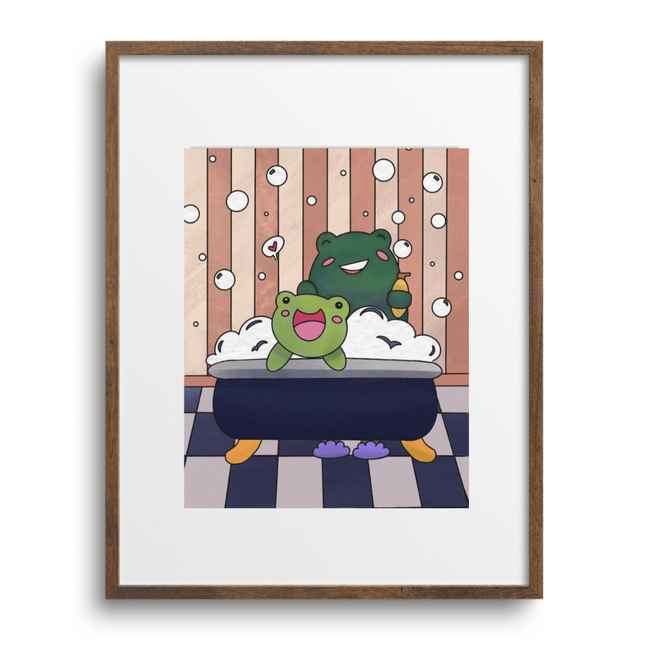 Framed artwork of two cartoon characters during bath time with bubbles on a striped background.