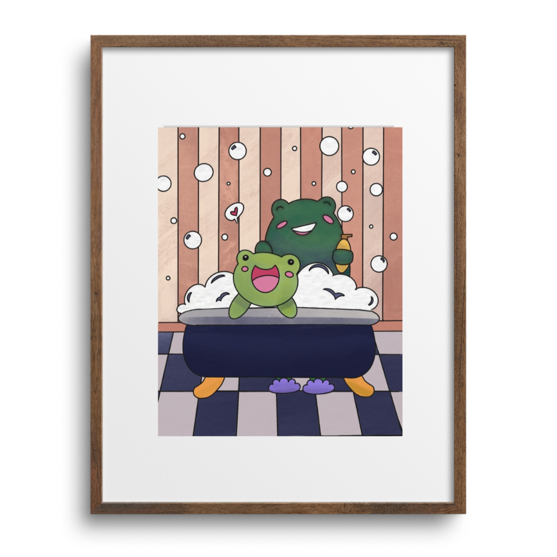 Framed artwork of two cartoon characters during bath time with bubbles on a striped background.
