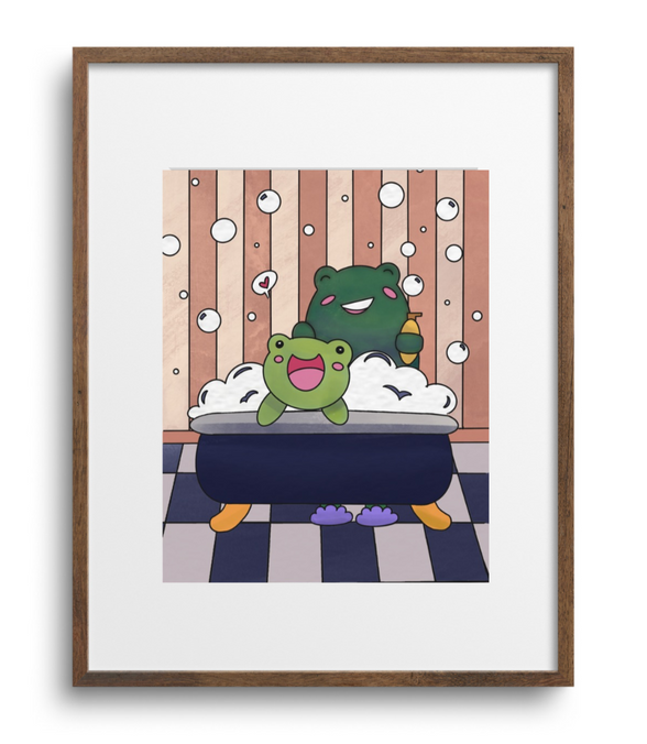 Framed artwork of two cartoon characters during bath time with bubbles on a striped background.