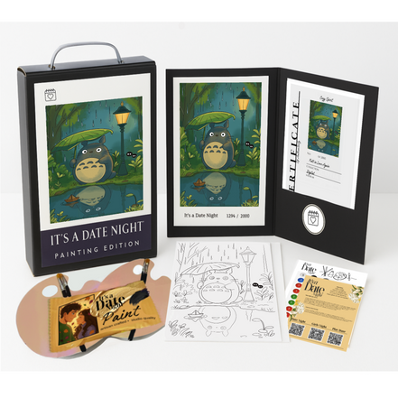 Painting kit with Totoro illustration, paint palette, and instructions on a white background