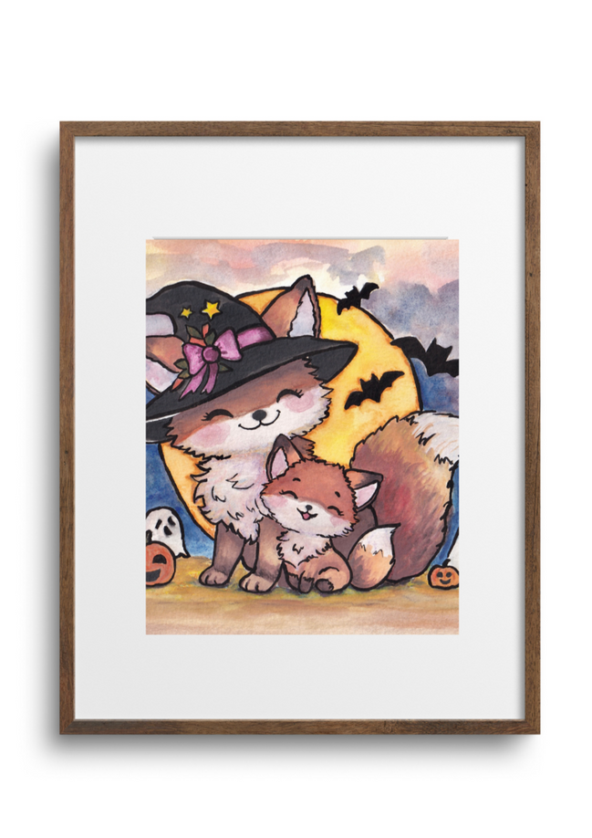 Framed artwork of cartoon characters in Halloween costumes on a white background