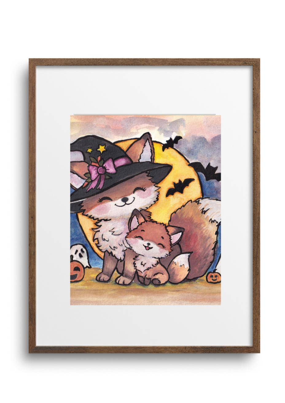 Framed artwork of cartoon characters in Halloween costumes on a white background