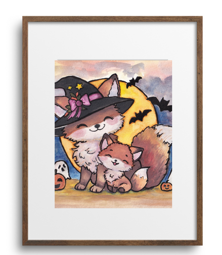 Framed artwork of cartoon characters in Halloween costumes on a white background