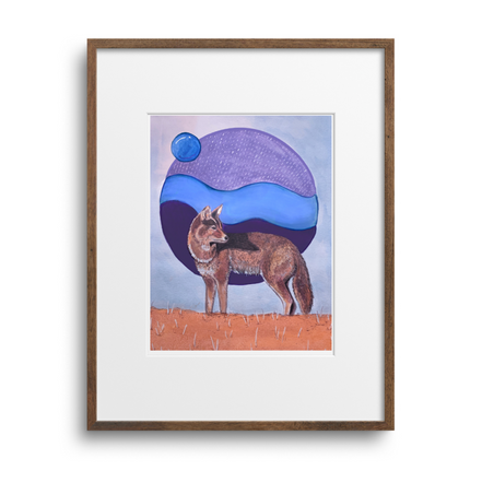 Framed artwork of a wolf standing in front of a colorful abstract background on a white wall.