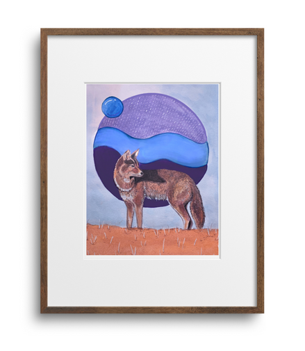 Framed artwork of a wolf standing in front of a colorful abstract background on a white wall.