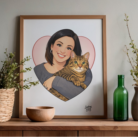 Framed artwork of a woman holding a cat on a wooden shelf with decorative items.