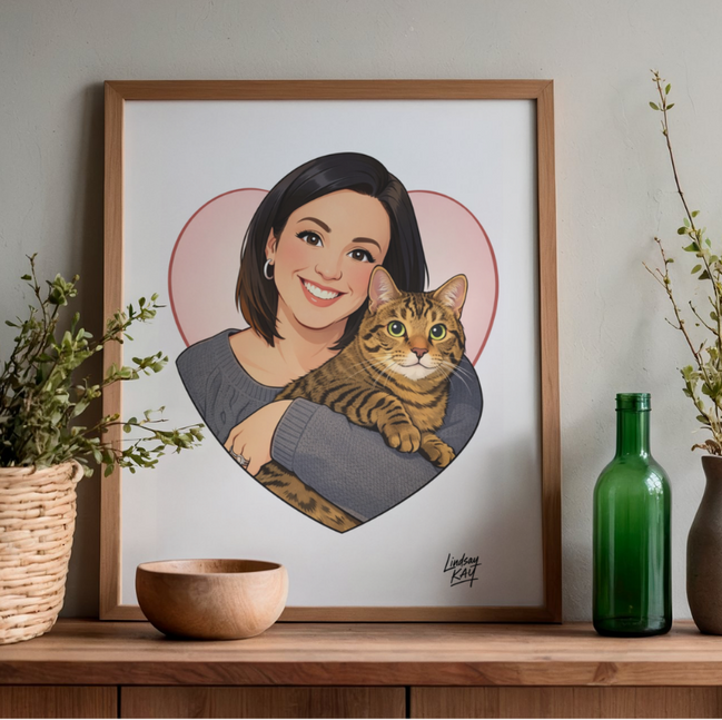 Framed artwork of a woman holding a cat on a wooden shelf with decorative items.