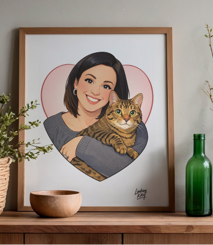 Framed artwork of a woman holding a cat on a wooden shelf with decorative items.